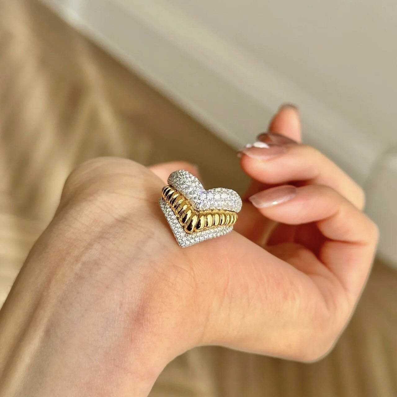 法式轻奢复古满钻双层心型麻花心型套戒可拆卸高级氛围感小众指环