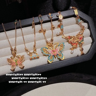 婚嫁古法花丝螺钿庄生晓梦蝴蝶珐琅芍药项链新中式玲珑花蝶同心锁