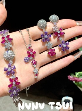 珠宝 仲夏夜之梦蝴蝶繁花粉紫钻项链 宴会高定 花瓣满钻手链套装
