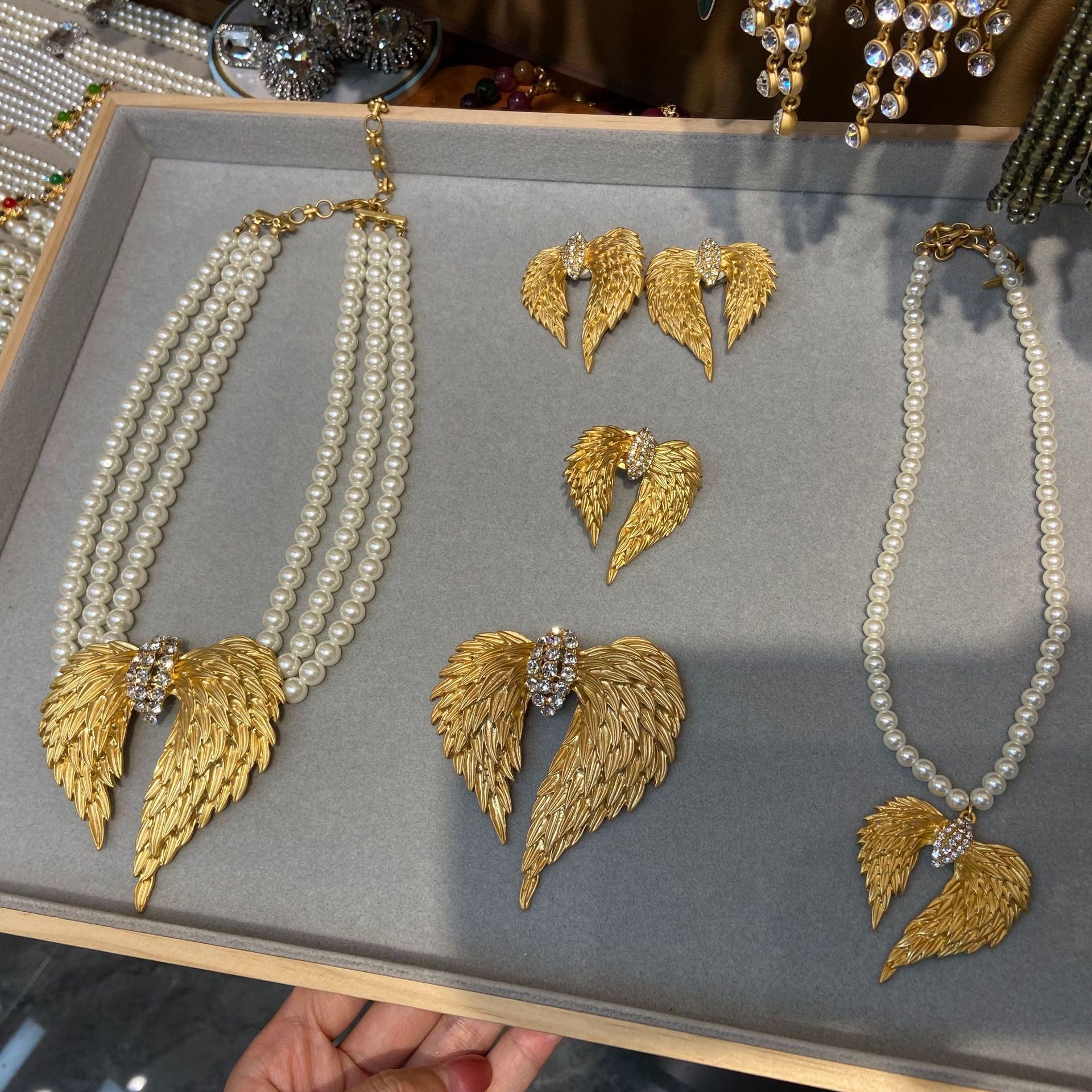 金色羽毛闪钻胸针首饰翅膀项链
