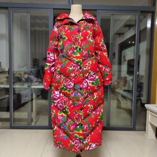 东北大花袄女款冬季连帽加厚保暖防寒羽绒服女长款过膝网红外套