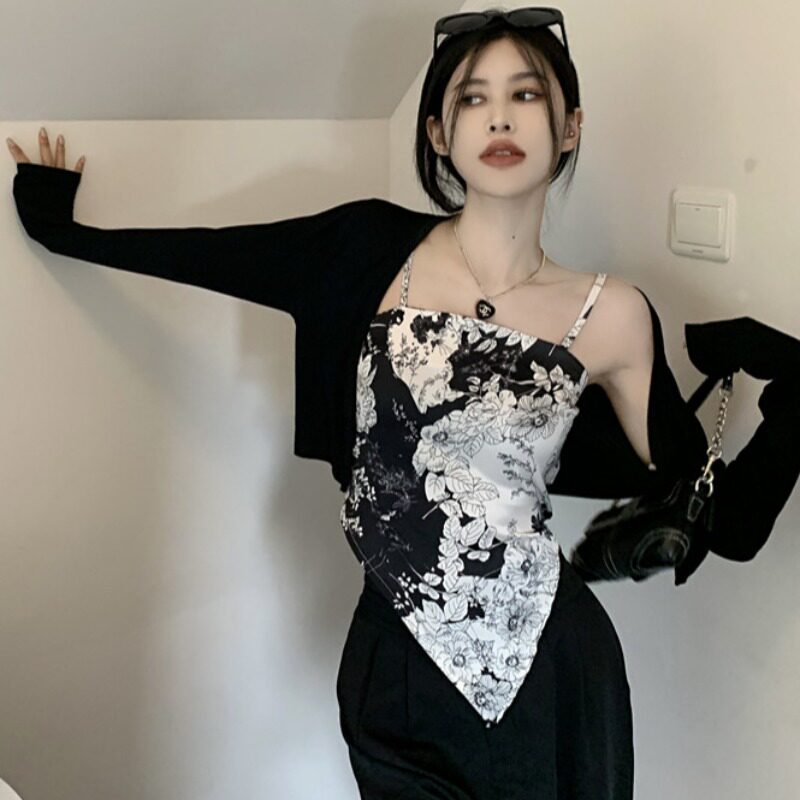 设计感不规则油墨印花吊带小背心背心吊带