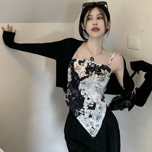 復古修身 打底上衣 女裝 設計感不規則油墨印花吊帶小背心胖妹妹大碼