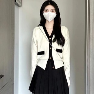 胖妹妹大码女装撞色拼接短款针织衫春季韩版学生百搭修身毛衣外套