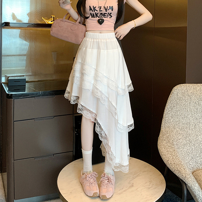 大码韩系早秋穿搭蕾丝不规则设计感半身裙女小个子高腰拼接花边裙