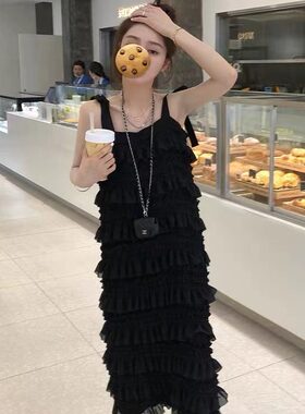 大码女装胖妹妹夏季拼接层次感连衣裙度假蛋糕裙宽松显瘦吊带裙女