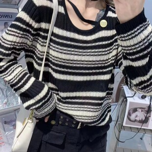 慵懒风条纹拼接减龄针织衫大码女装胖妹妹韩版宽松显瘦套头毛衣潮