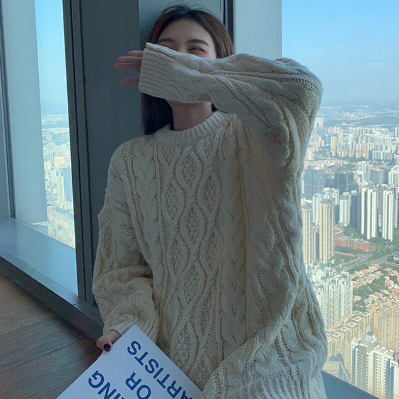 慵懒ins风粗毛线麻花针织衫大码女装胖妹妹秋冬学生宽松套头毛衣