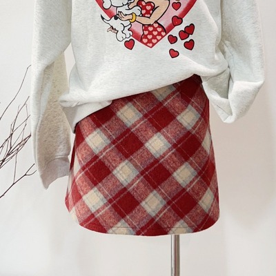 法式复古撞色格子拼接A字包臀裙胖妹妹大码女装春季毛呢半身裙子