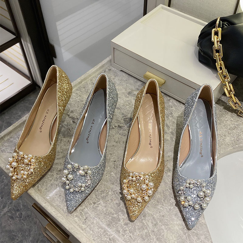 2021年春季新款百搭亮片单鞋女珍珠方扣性感细跟尖头水晶鞋高跟鞋在类目 女鞋, 低帮鞋中 - 来自Buy2taobao.com提供专业的淘宝代购服务