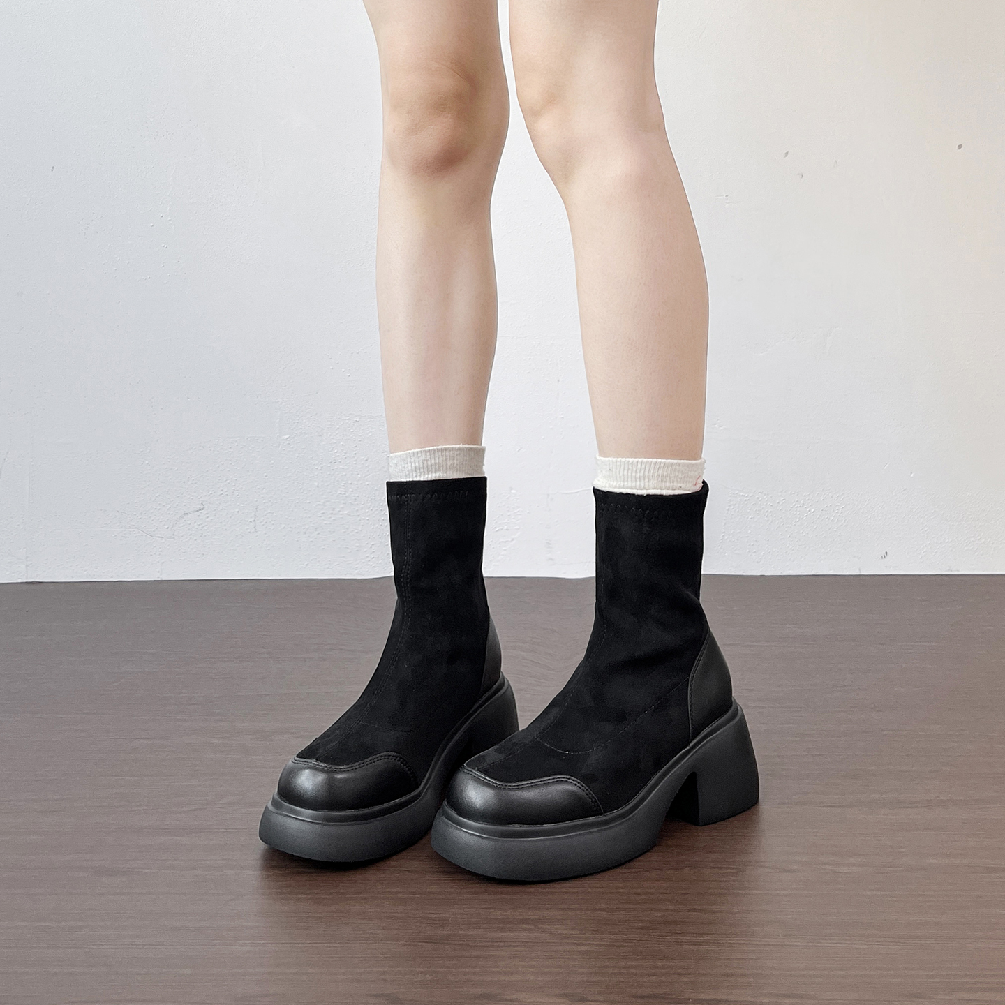 真皮版～复古粗跟高跟短靴瘦瘦靴