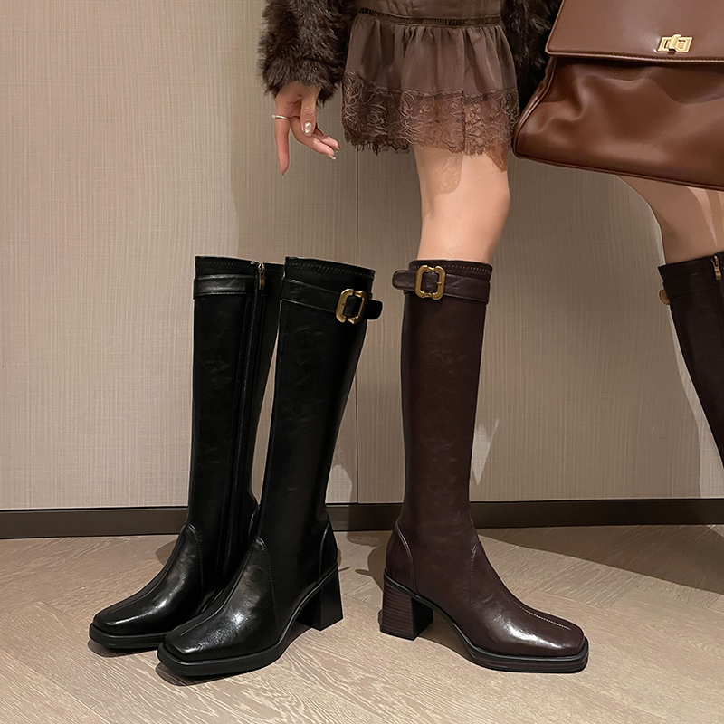 真皮版～秋冬2025年超火弹力瘦瘦靴长靴女英伦风高跟长筒靴高筒靴