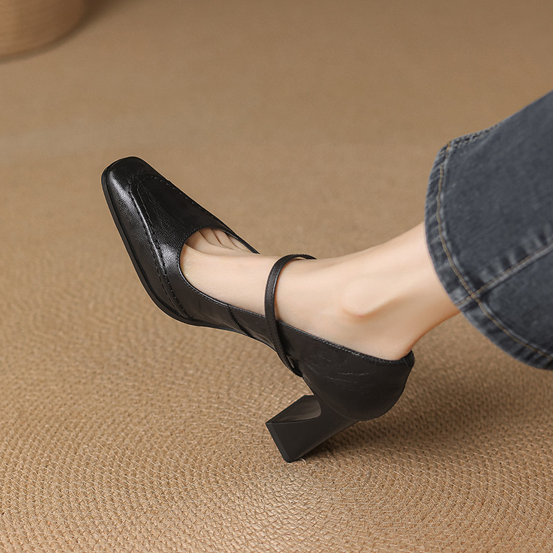真皮版～法式复古玛丽珍鞋女方头一字带粗跟通勤高跟鞋气质单鞋,女鞋,玛丽珍鞋,淘宝优惠券,粉丝福利购,淘宝优惠卷