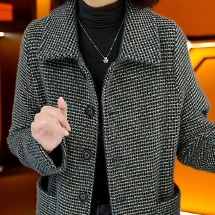 轻奢千鸟格毛呢外套女中长款翻领加厚百搭显瘦大衣