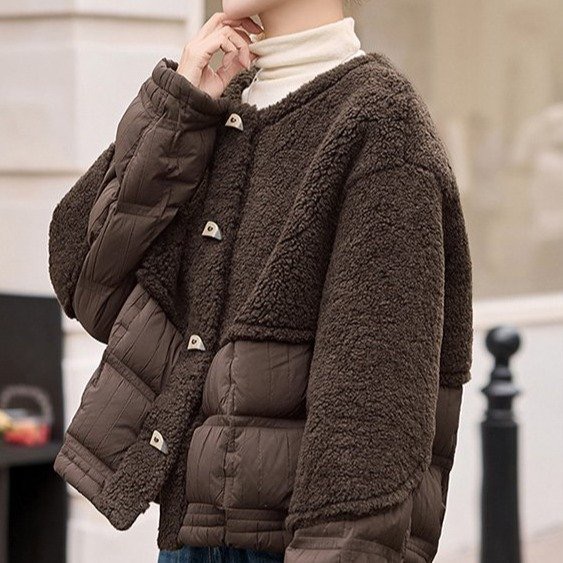 羊羔毛拼接羽绒棉服冬季2025新款时尚宽松短款保暖棉衣棉服外套女