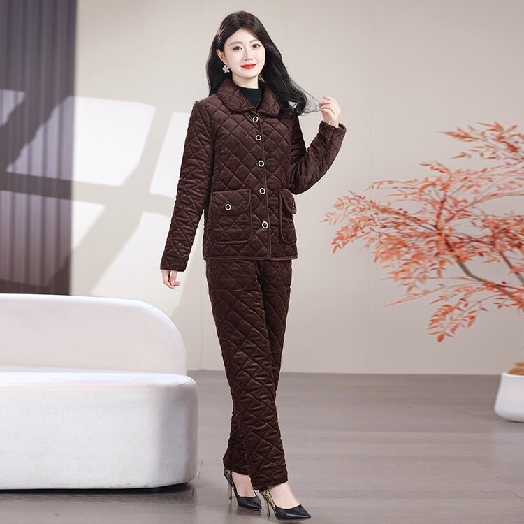 妈妈冬装棉衣加绒加厚套装中老年冬天棉服女款时尚灯芯绒棉袄