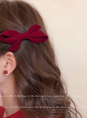 新年红色发饰丝绒蝴蝶结发夹女高级感侧边刘海夹秋冬鸭嘴夹子头饰