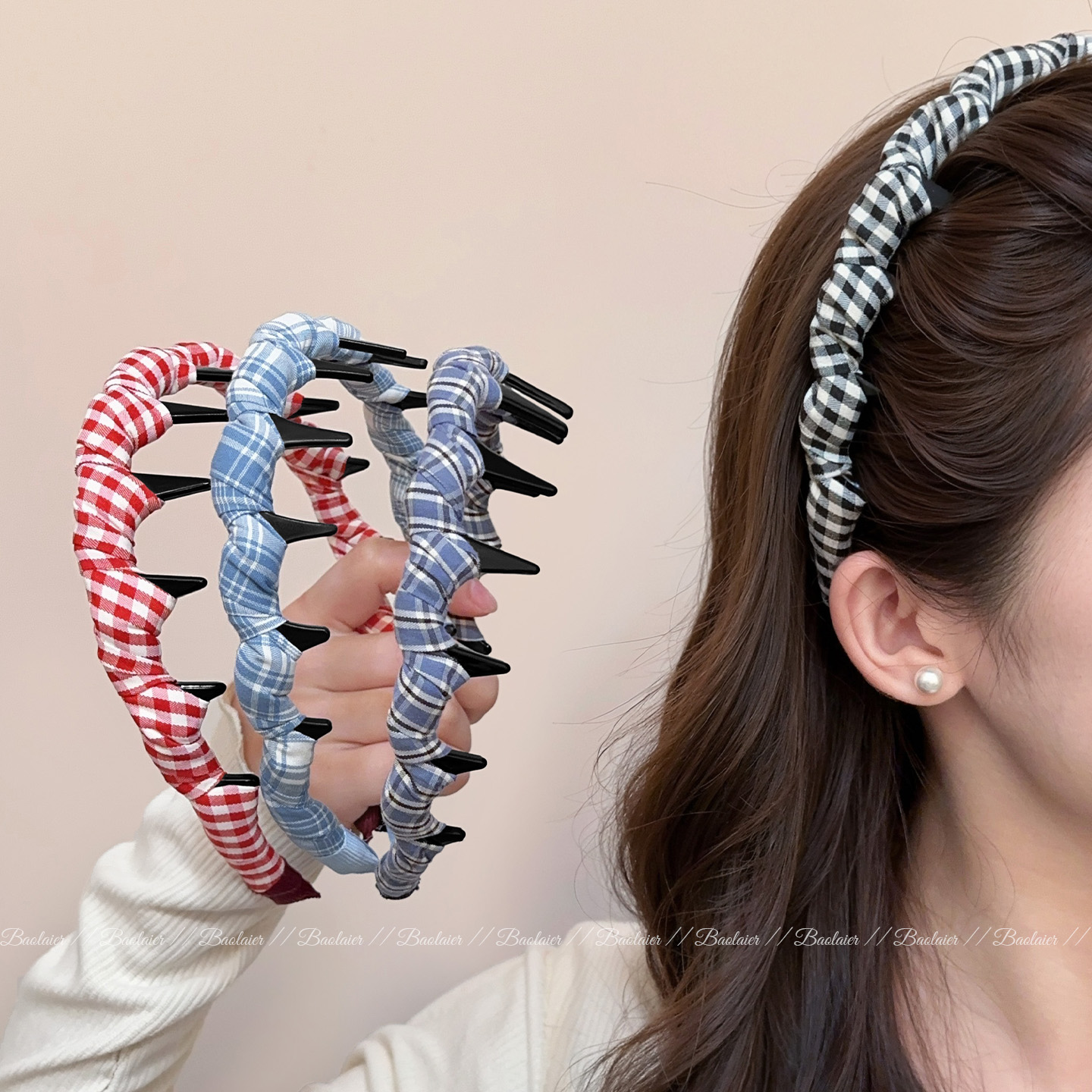 复古格纹缠绕布艺带齿发箍