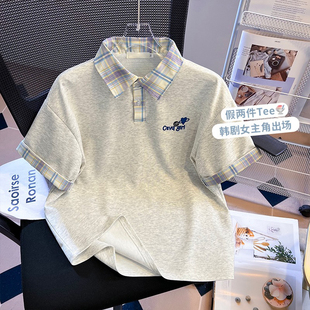 短袖T恤少女夏装2026新款初中高中学生学院风Polo领假两件上衣服