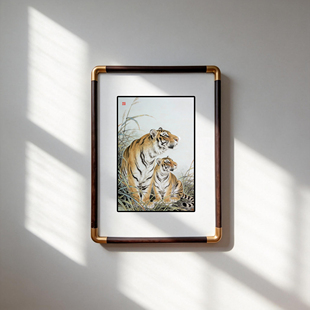 四九艺社 景德镇母子虎工笔瓷板画 新中式客厅玄关镇宅旺运装饰画