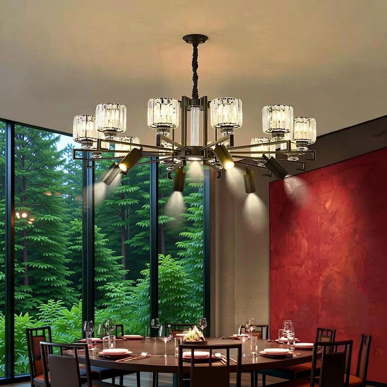 新中式餐桌吊灯带射灯餐厅客厅轻奢饭店包厢包间别墅大气水晶灯具