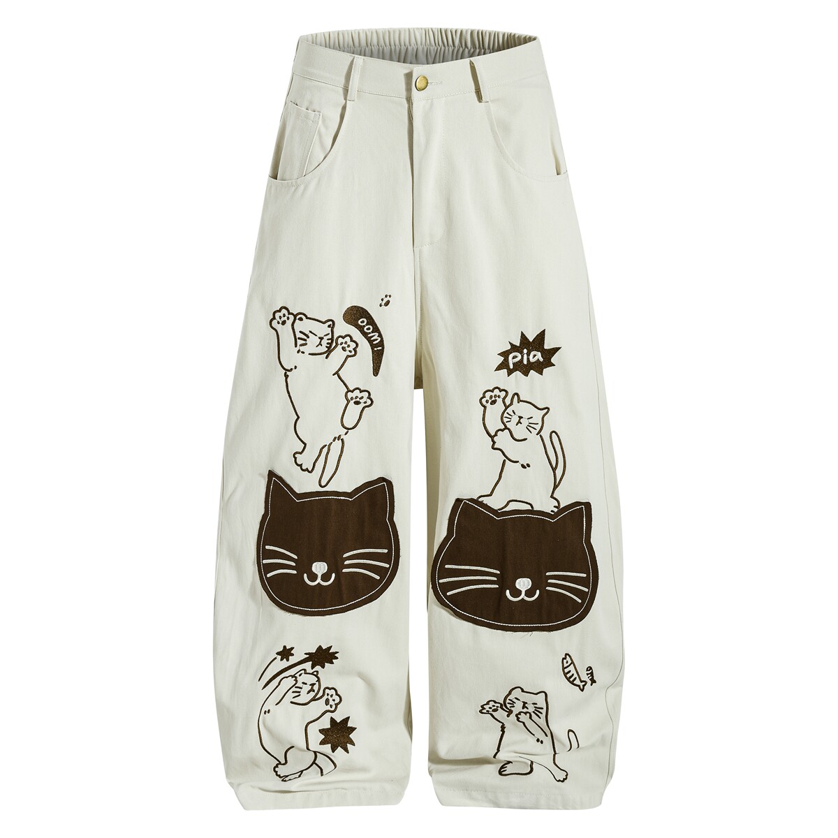 MoCreation 美式卡通风猫咪刺绣阔腿裤女春季宽松显瘦直筒休闲裤