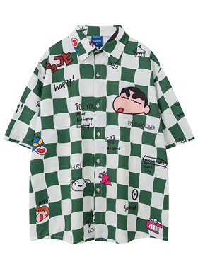 MoCreation卡通风棋盘格印花短袖衬衫男女宽松百搭日系潮流情侣款