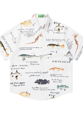 MoCreation美式潮牌鱼印花短袖衬衫男女宽松百搭翻领慵懒夏季衬衣