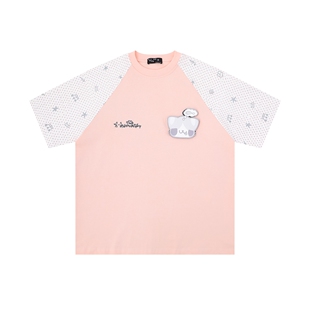 MoCreation 甜美可爱小猫印花短袖T恤女夏宽松撞色插肩袖粉色上衣