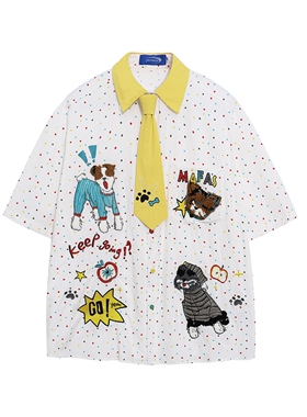 MoCreation日系复古童趣卡通刺绣短袖衬衫男女宽松百搭设计感上衣