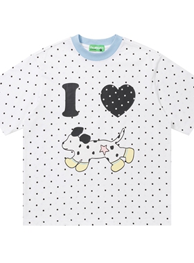 MoCreation日系可爱波点小狗印花短袖T恤男女宽松百搭休闲上衣tee