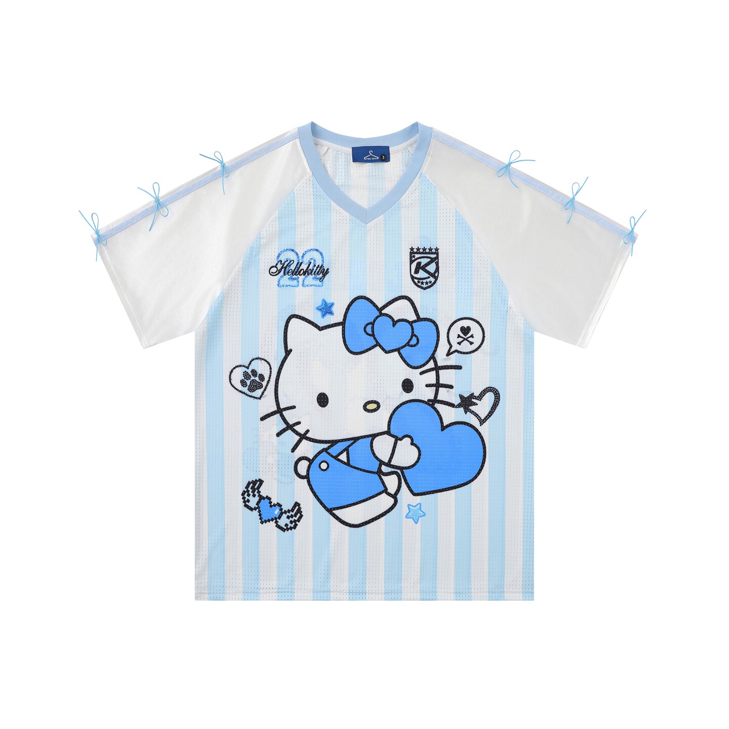 MoCreation 美式卡通Hello Kitty短袖T恤男女网眼条纹运动上衣夏
