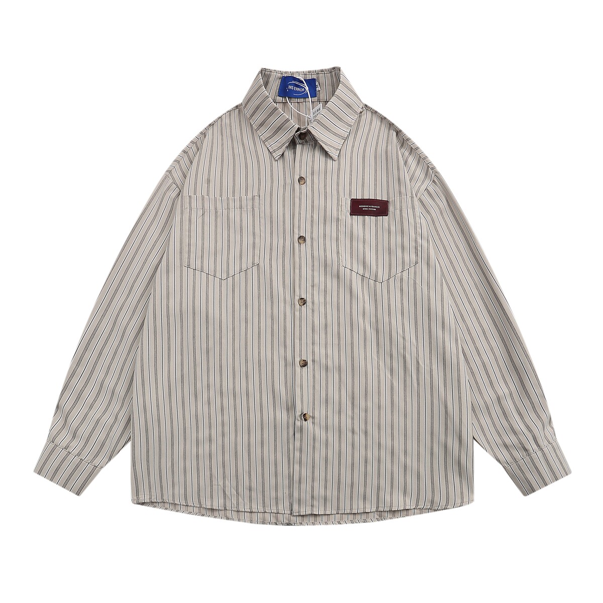 MoCreation日系复古条纹衬衫男女宽松长袖翻领休闲慵懒风百搭衬衣