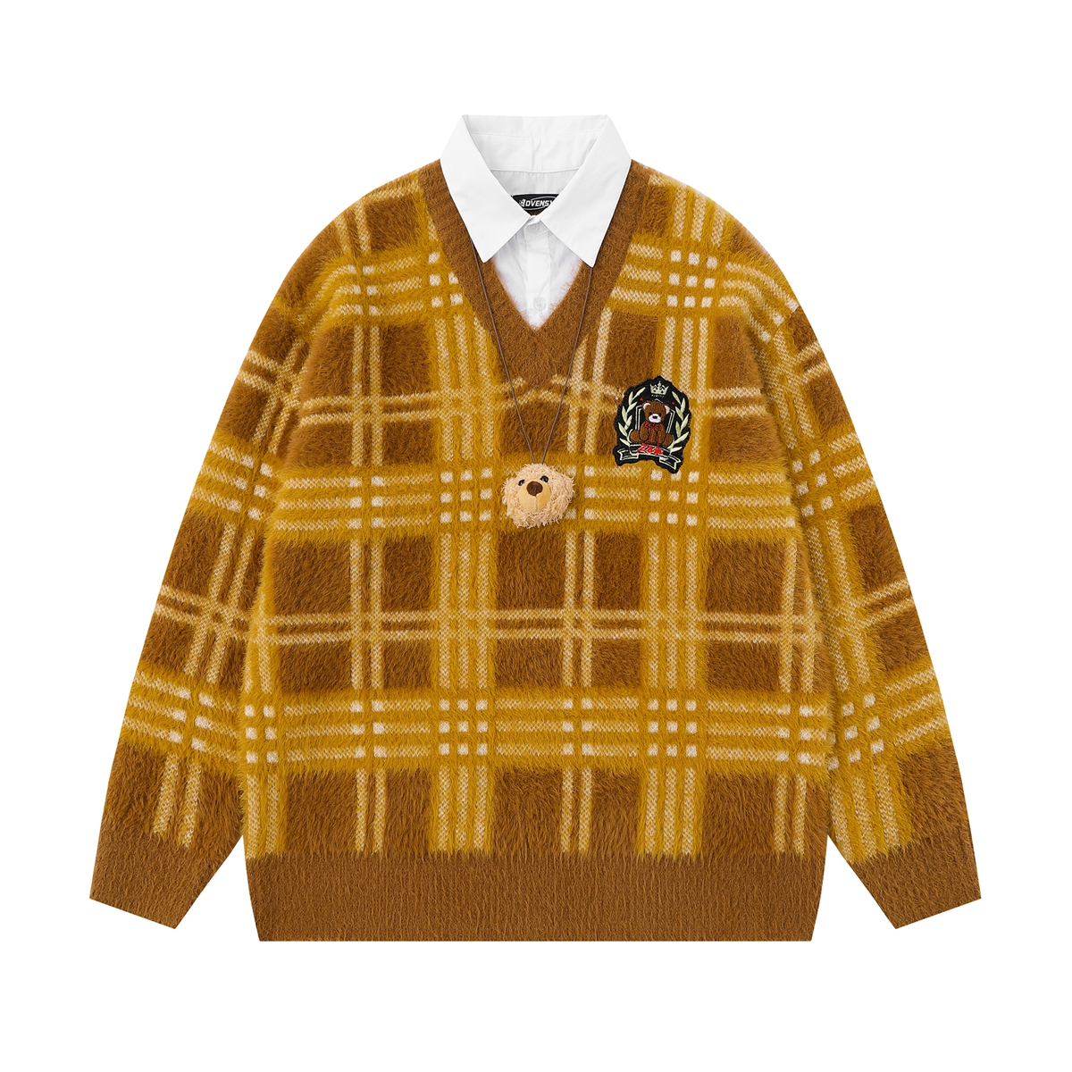 MoCreation 学院风徽章刺绣拼接衬衫领情侣毛衣秋冬假两件针织衫