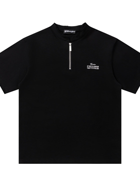 MoCreation 夏季休闲刺绣半拉链短袖T恤男女宽松情侣黑色百搭上衣