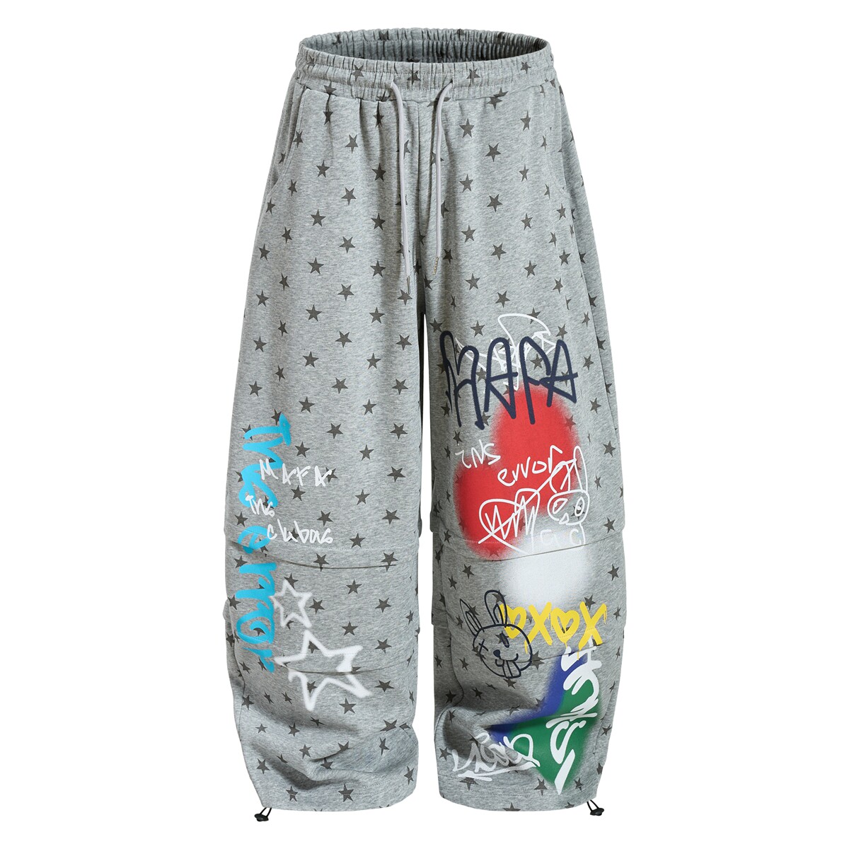 MoCreation美式涂鸦风满印星星卫裤女宽松直筒裤街头休闲长裤灰色