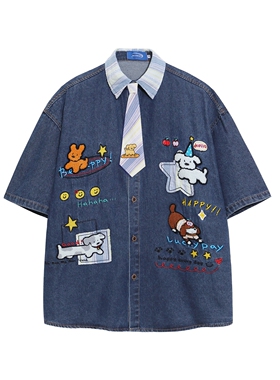MoCreation卡通刺绣短袖牛仔衬衫男女宽松学院风休闲上衣夏季半袖