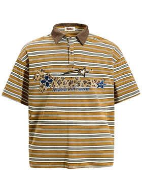 MoCreation 美式复古条纹POLO衫男短袖宽松豹纹刺绣翻领T恤潮夏装