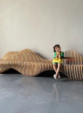 创景《木质切片艺术长椅》落地摆件售楼处民宿文旅空间软装