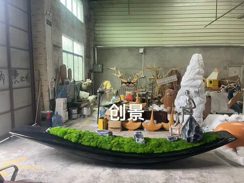 玻璃钢仿真绿植船摆件商场酒店大堂装饰品假山石景观雕塑