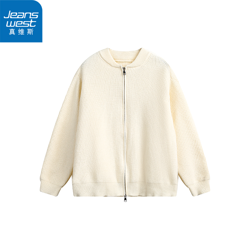 【真维斯】秋冬外套简约毛衣开衫男女圆领拉链纯色保暖休闲针织衫