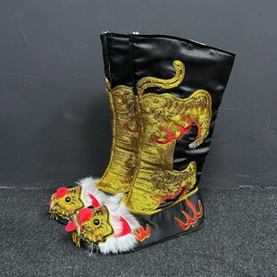 川剧变脸靴 戏曲戏剧 武生武将 平底高筒靴 虎头靴子  盘金绣工艺