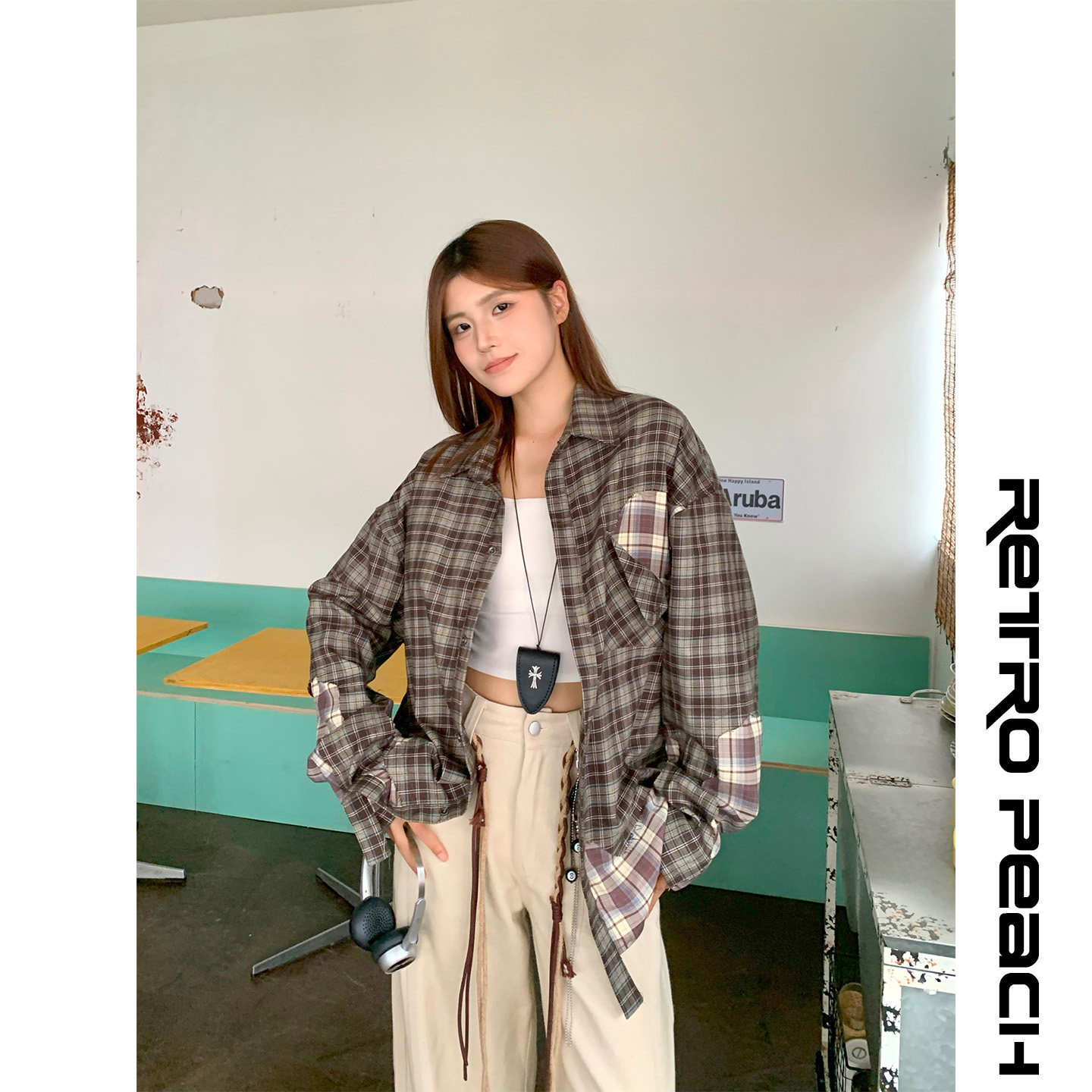 RP美式复古格子衬衫设计感宽松女