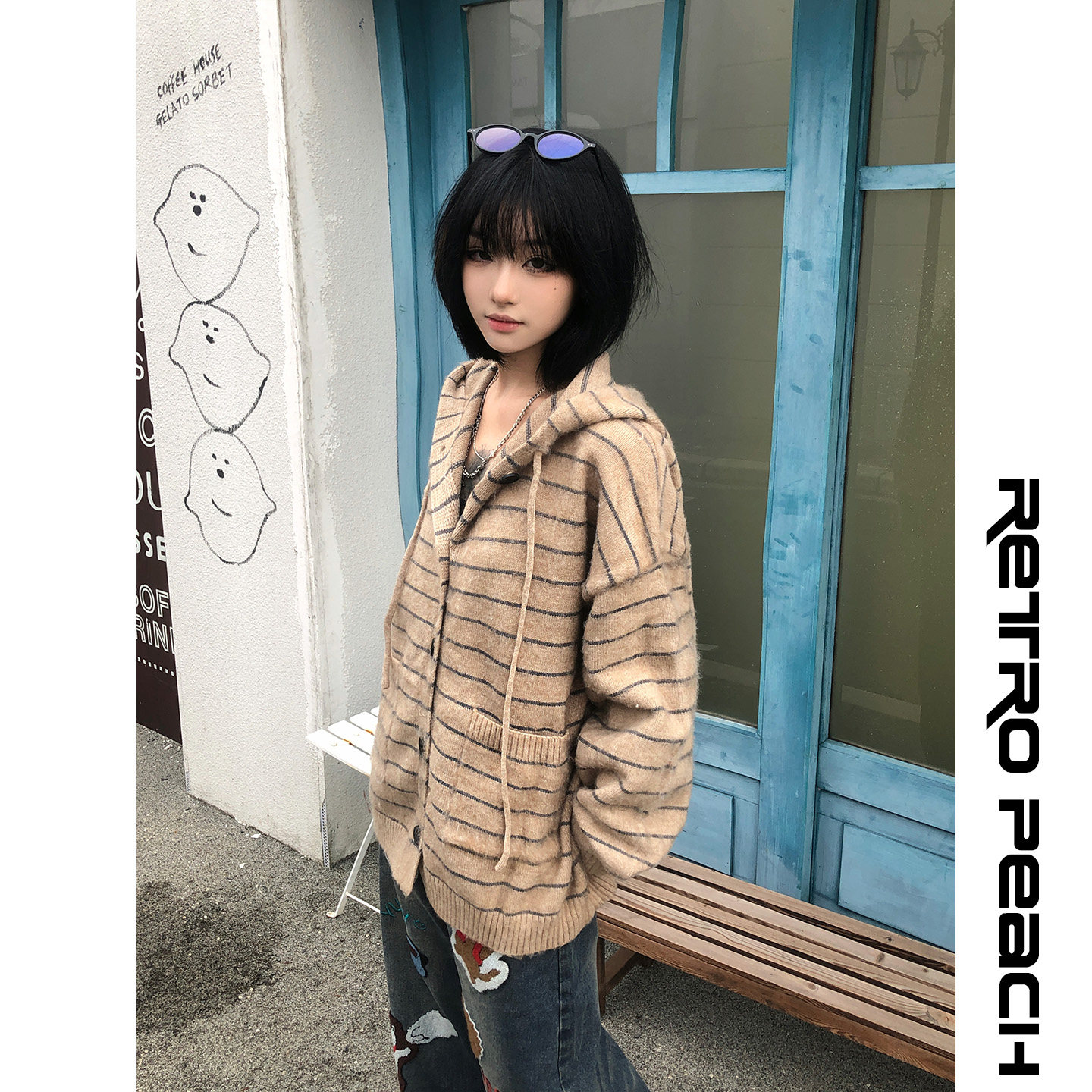 莓素美式复古条纹连帽开衫毛衣潮