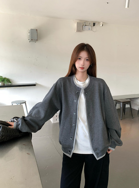 莓素假两件美式复古灰色开衫卫衣女季简约百搭休闲外套慵懒风上衣