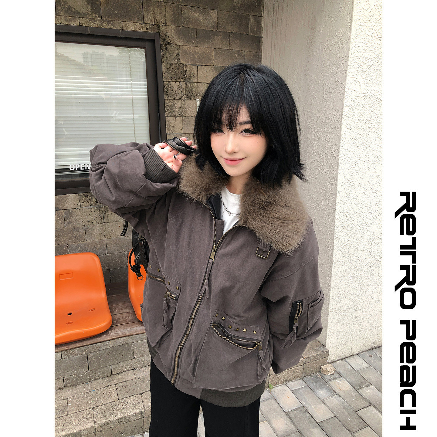 莓素美式复古大毛领棉衣宽松加厚