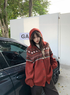 莓素费尔岛风红色连帽开衫宽松毛衣女慵懒风圣诞新年针织外套秋冬