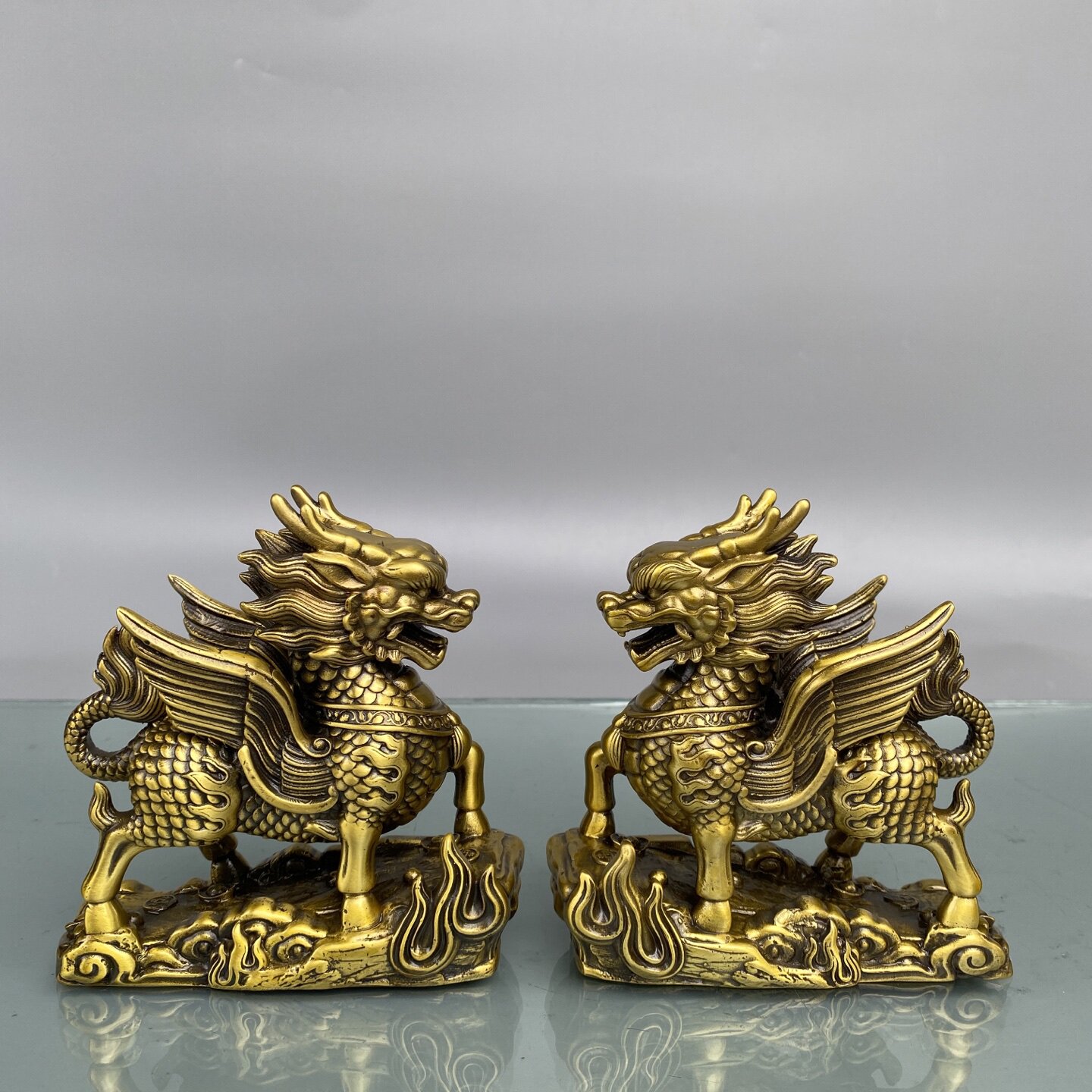 黄铜麒麟摆件一对火麒麟吉祥物镇办公室家居客厅宅工艺装饰品摆件