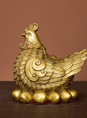 母鸡摆件纯铜旺财金蛋鸡生肖鸡三合摆件去桃花客厅玄关装饰工艺品