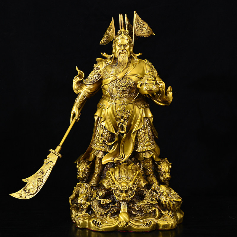 黄铜九龙纯铜关公摆件武财神关二爷托宝家用关羽神像立刀店铺开业